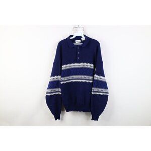 Vintage 90s Streetwear Mens Large Fair Isle Knit Collared Pullover Sweater Blue